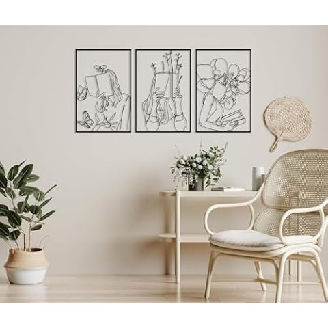 DecoSoul Metal Bookish Women Reading Line Art Set of 3, Line Drawing Abstract Woman Wall Decor, Minimalist Reading Nook Decor, Book Lovers Gift, Book Wall Art for Bedroom, Room Decor Aesthetic (Black) Cover