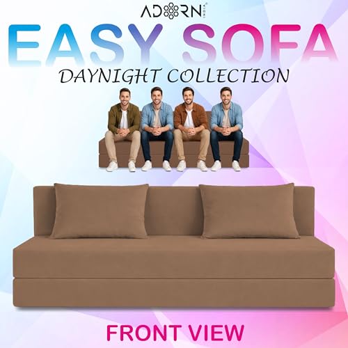 Image of Adorn India Easy 4 Seater Sofa Cum Bed | Velvet Fabric | Camel | Plain Design | 6x6 Ft | Comfortable Seating | Washable Cover | Perfect for Home & Office