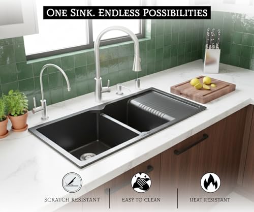 Image of EVANEX Quartz Sink for Kitchen|45x20x9 inch Double Bowl Kitchen Sink with Drain Board|Matt Finish|Black Quartz Kitchen Sink with Sink Connector, Waste Pipe, Coupling and Drain Basket