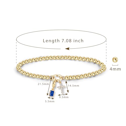 Free bird Cross Birthstone Bracelet | Dainty 14K Gold Plated Cross Charm Bracelet for Women | Stretchable Elastic Gold Beaded Bracelet | Stackable Trendy Birthstone Bracelet | Jewelry Gifts for Women2