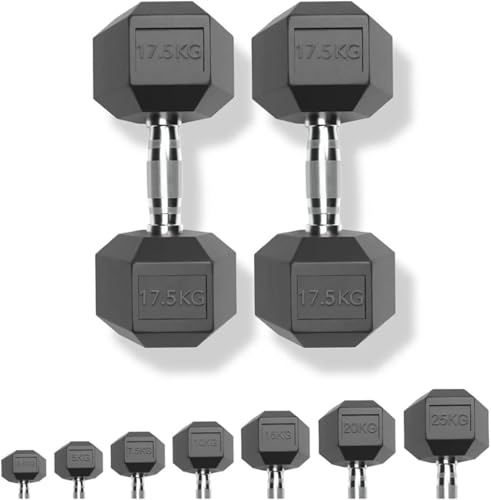 Chase Fitness Rubber Hex Dumbbells Set (Pair of 20kg) 2.5kg30kg Free Weights for Home Gym Anti-Roll Rubber Dumbbells Strength Training Fitness Weights Knurled Grip Hand Weights
