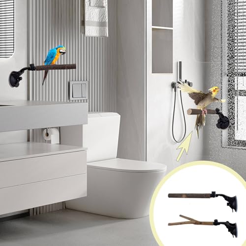 Image of 2 PCS Natural Wood Bird Perch with Suction Cup Parrot Shower and Window Perch Stand Bird Portable Suction Cup Shower Perch for Parrot Parakeet Cockatiel Conure Budgie Lovebirds