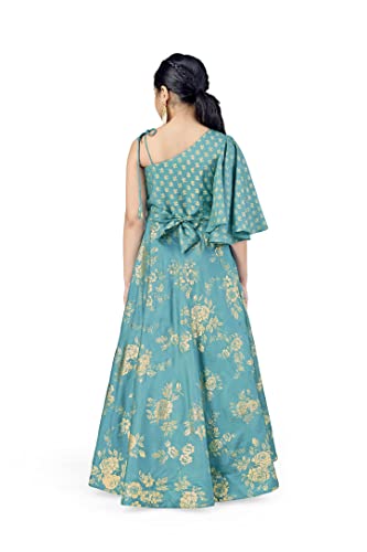Image of Fashion Dream Girls Dola Silk Maxi Length One Shoulder Dress|Maxi Dress|Long Dress|Printed Dress|Printed Maxi Dress(Teal Blue 7-8 Year)