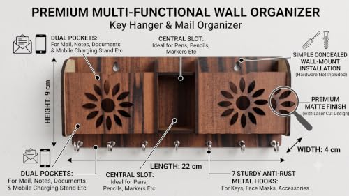 Image of Wall Mount Key Holder & Mail Organizer | Laser-Cut Key Hanger with 7 Metal Hooks, Letter Rack & Pen Stand | Wooden Wall Decor for Entryway, Living Room, Home & Office (Floral)