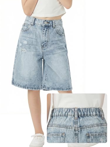 Image of Girls Shorts Elastic Waist Jorts Denim Jean Shorts Ripped Knee Length Bermuda Shorts for Kids Teen Girls Summer