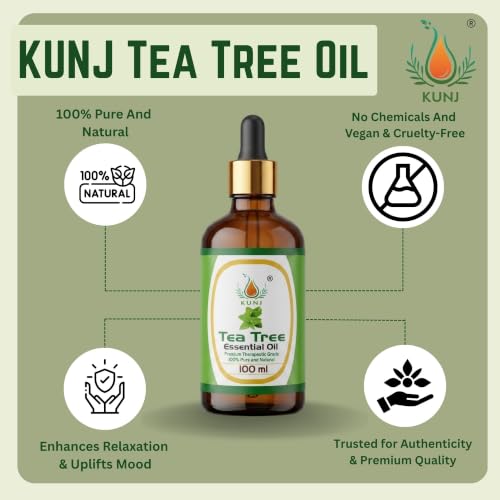 Image of KUNJ Tea Tree Essential Oil for Acne Care, Dandruff, Hair & Scalp Care 100ml | 100% Pure Steam Distilled Tea Tree Oil for Face, Nails, Diffuser & Aromatherapy | Natural Essential Oil