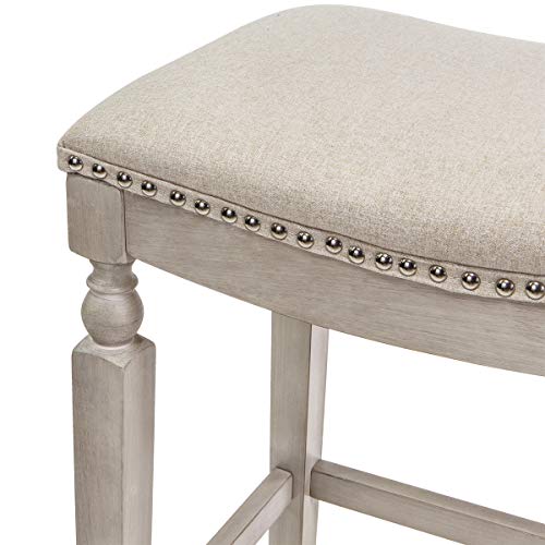 Barton Set of 2 Bar Stools Beige 28.5" Saddle Backless Premium Padded Indoor/Outdoor Nailhead Cushion Kitchen Counter Chairs Pub Seat Foot Rest - Image 4