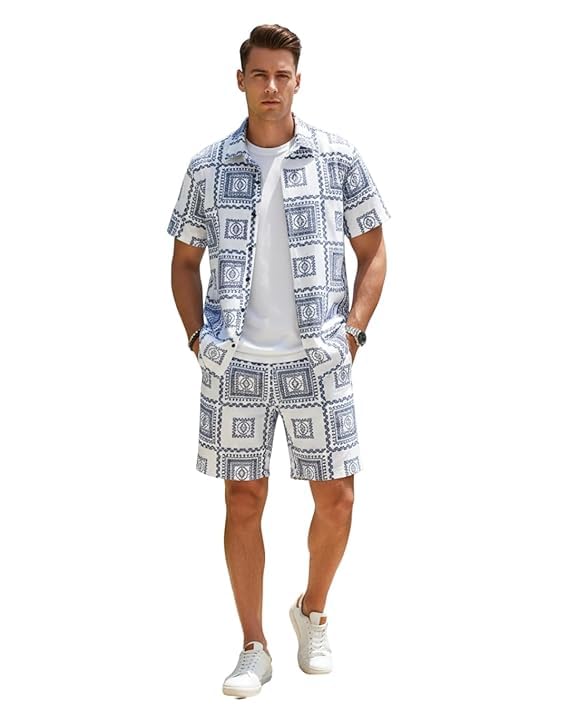 Men’s Cotton Printed Co-Ord Set | Floral Print Short Sleeve Shirt with Drawstring Shorts | Casual Summer Wear, Beach & Vacation Outfit for Men