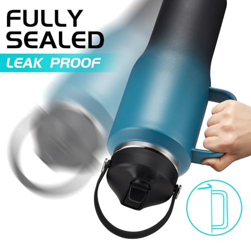 Image of Insulated Water Bottle 32 OZ - with Straw & Pop-up Spout Lid, Keep Cold-48H Hot-12H, Stainless-Steel with handle for Women Men, Metal Flask Water Bottle Fits in Cup Holder