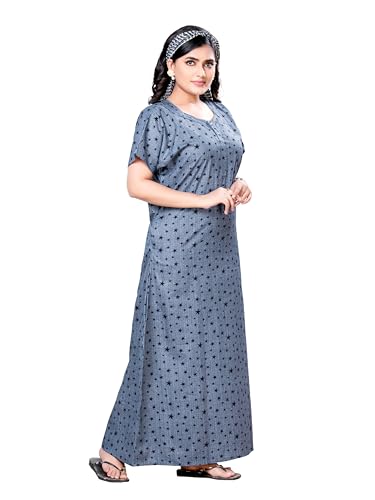 Image of PNAEONG Women's Printed Cotton Nighty, Gown Maxi - Free Size Grey
