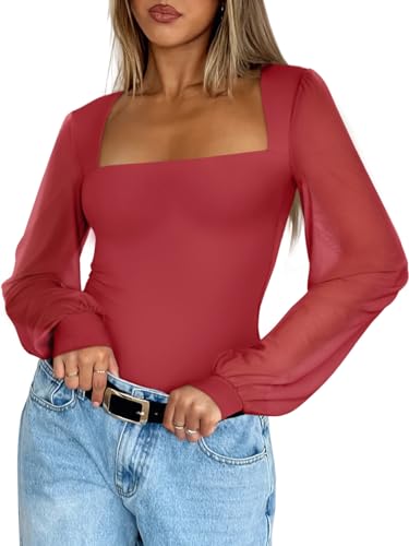 Image of PINKMSTYLE Women's Square Neck Double Lined Mesh Long Sleeve Bodysuits | Sheer Puff Sleeve Body Suit,Slim fit Trendy Going Out Tops,Concert Outfit