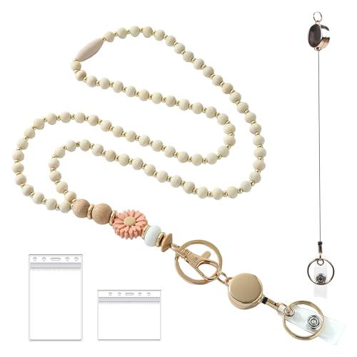 Porte-clés rétractable pour clés et porte-badge en perles de bois style bohème