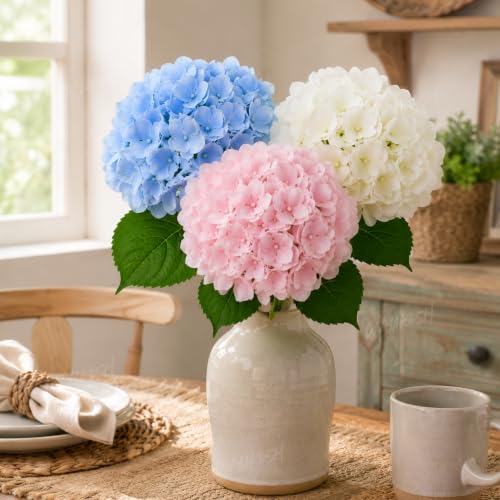 Image of Divyakosh 3 Hydrangea Flower Sticks (Vases Not Included), Artificial Flowers Bunch, Artificial Flower for Vase, Luxury Floral Arrangement, Living Room Office Dining Table Centerpiece Home Decor