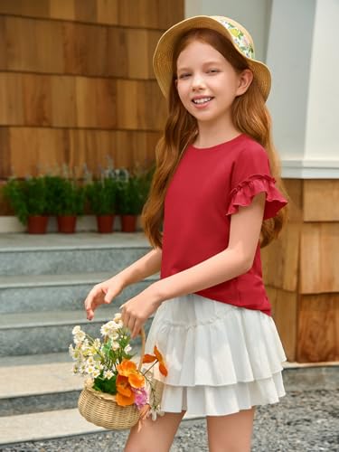 Image of Haloumoning Girls Ruffle Short Sleeve T Shirts Kids Summer Crewneck Tops Cute Tees Blouse 5-14 Years