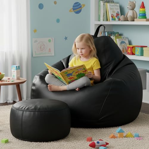Image of KAM'S LIEU 5XL Bean Bag Combo with Footrest & Cushion | Filled with High Density EPS Beans | Comfortable Sofa for Living Room & Bedroom | 6 Months Warranty, Color- (Black, 5XL, Classic)