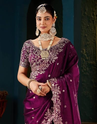Image of Sidhidata Women's Soft Fandy Satin Embroidered Saree With Multi Sequence Cut Work Boarder & Comes With Unstitched Blouse Piece (Jimmy Free Size)