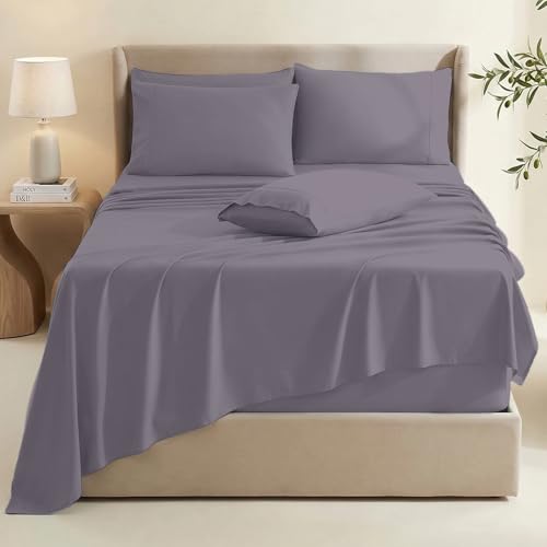 Image of Hearth & Harbor Bed Sheets, Luxury Soft 6 Piece Bed Sheet Set Extra Deep Pocket Fitted Sheets Fits Mattress up to 21 inch, Double Brushed Bedding Sheets & Pillowcases, Queen, Prpulish Gray