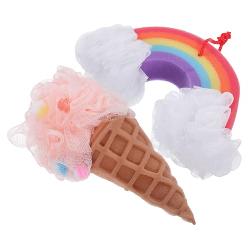 Ipetboom Juego 2 Esponjas de Ducha Esponja Vegetal Espalda Forma Helado y Arcoíris Color Rosa y Multicolor Exfoliante Corporal para Baño Accesorios Baños