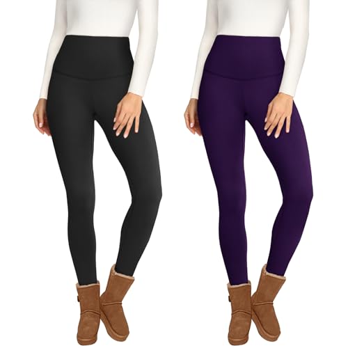 2 Pack Fleece Lined Leggings for Women - Thermal Winter Warm Tights Tummy Control High Waisted Workout Yoga Pants No Pockets Small-Medium Fleece Lined Black/Violet,2packs