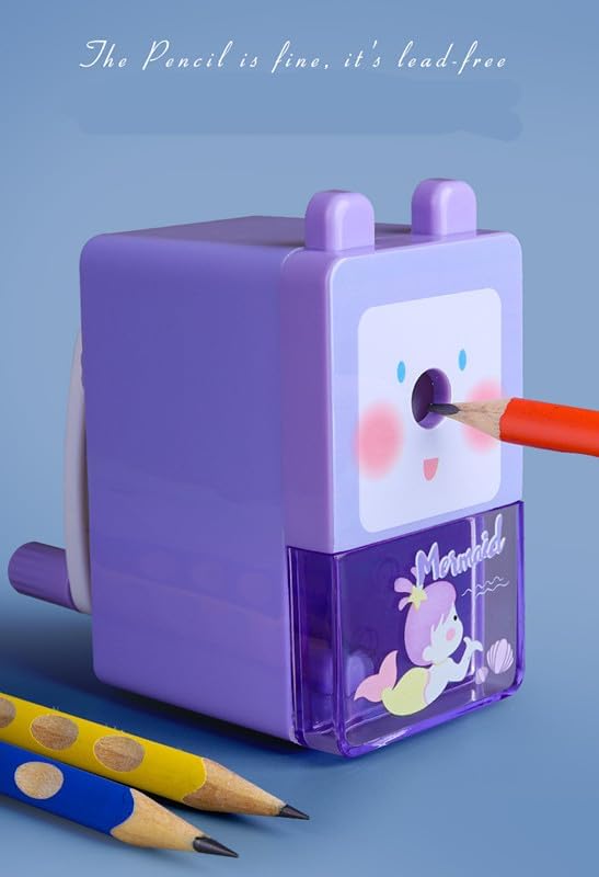 Miniatura 3 de Afiladora de lápices, sacapuntas de sirena morada, sacapuntas manual de manivela, cortador de lápices de dibujos animados de animales para la