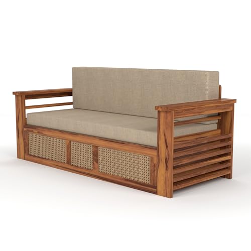 Image of Mamta Furniture Sheesham Wood Sofa Cum Bed with Storage Rattan Cane Design Wooden Sofa Set for Living Room Bedroom 3 Seater Convertible Sofa Bed in Honey Finish