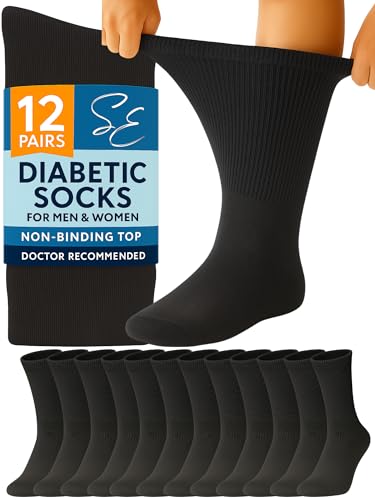 Special Essentials Diabetic Socks for Men & Women 12 Pairs of Non-Binding Extra Wide Top Cotton Neuropathy Socks Crew Length Black 10-13