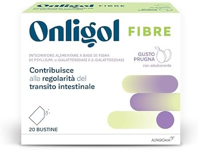 Onligol Fibre, integratore di fibra di Psyllium, Alfa e Beta Galattosidasi, aiuta a regolarizzare le funzioni intestinali e ritrovare sollievo, Prugna, 20 Buste da sciogliere gusto Prugna
