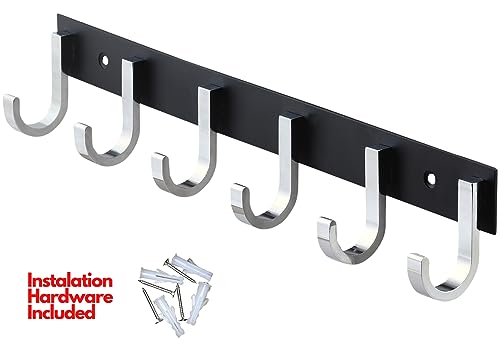 Image of Aluminium Cloth Hanger for Wall, Clothes Hook Hangers Door Mounted, Bathroom Hooks for Hanging Towel, Wall Mount Shirt Hangers, Dress Holder Hooks - 6 Pin-XL, Pack of 1, Black and Silver