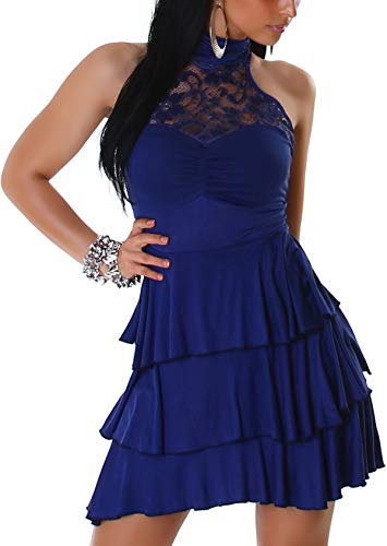 StyleLightOne Damen Neckholder Abendkleid Spitze Rückenfrei transparent Party Plissee Raffung Mandarin Stretch Cocktail, Blau 34 36 (S/10)