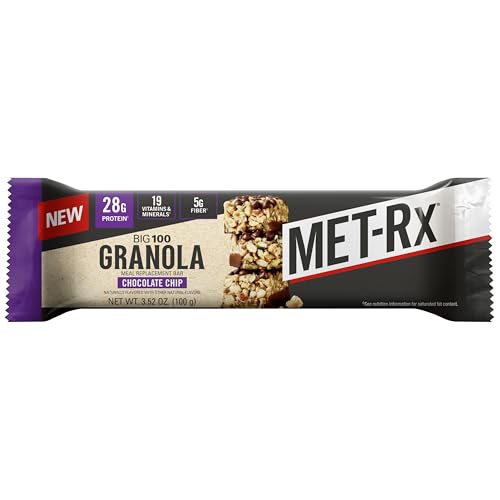 MET-Rx Big 100 Granola Protein Bar, Meal Replacement Bar, 32G Protein, Chocolate Chip, Pack of 9