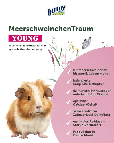 bunnyNature MeerschweinchenTraum Young - Meerschweinchen Alleinfuttermittel bis zum 5. Lebensmonat - 63 Pflanzen & Kräuter, Vitamin C & Superfood - 1,5kg