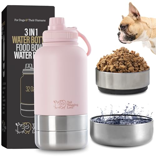 Tail Wagging 3 in 1 Portable Dog Travel Water Bottle with Two Detachable Water & Food Bowls, 32oz Stainless Steel Insulated Travel Water Bottle Dispenser for Dogs – Durable & Leak-Proof Design Pink