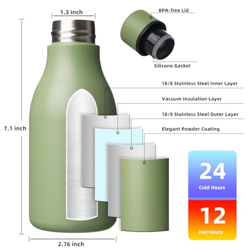 Image of BJPKPK Insulated Water Bottles, 12oz Stainless Steel Metal Water Bottle with Strap, BPA Free Leak Proof Jugs, Mugs, Flasks, Reusable Thermal Flasks for Sports & Travel, Forest Green
