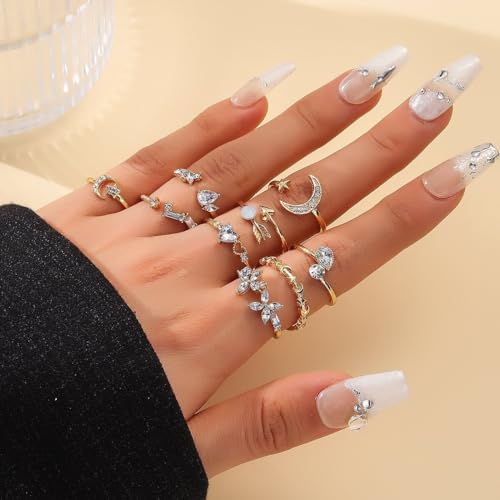 Csiyanjry99 Csiysnjry99 Gold Rings For Women Cute Fashion Teens Rings Boho Stackable Star Moon Flower Rings Set Vintage Crystal Knuckle Stacking Rings thumb #2