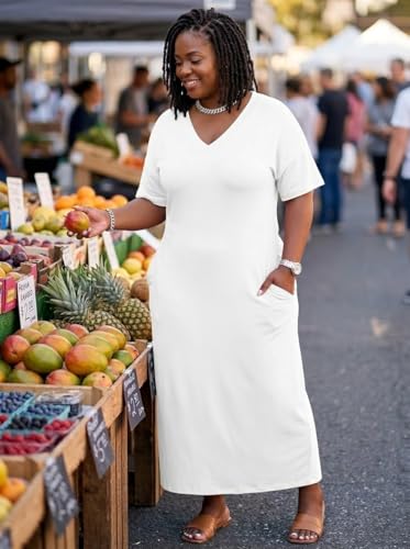 Image of Plus Size Maxi Dress for Women Short Sleeve V Neck Casual Loose Sundress with Pockets