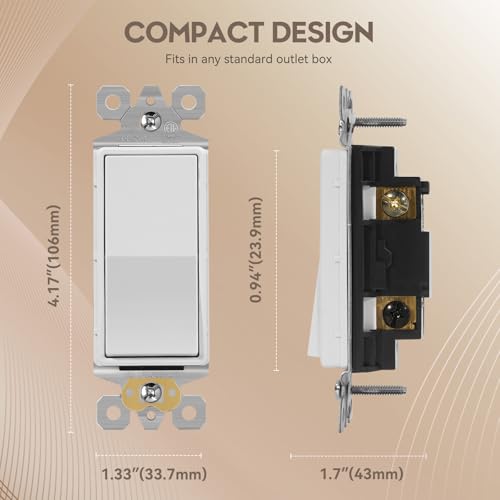 Image of ECOELER 3Way Decorator Light Switch, Electrical Rocker Paddle Wall Switch Replacement, 15A 120 /277V, Self-Grounding, On /Off Interrupter for Residential and Commercial, White, 20 Pack