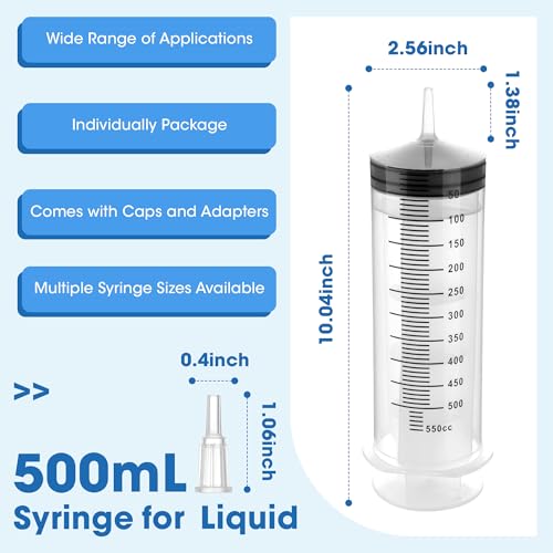 Image of 500mL Plastic Syringe for Liquid - Large Syringes with Adapter for Scientific Labs, Feeding, Oil Filling, Individually Wrapped, 1 Pack