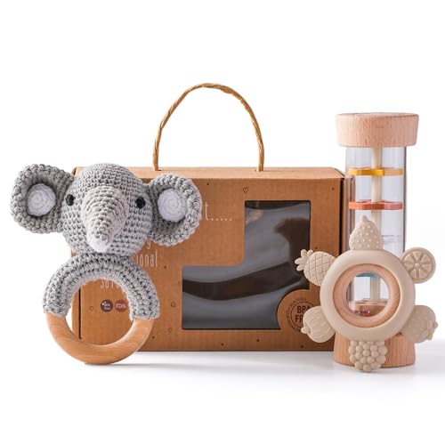 Image of Youuys Wooden Baby Rattle Set (3pcs) - Crochet Rattle Rain Stick Teething Toys, Wooden Montessori Toy for Newborn Infant Baby Rattles Set Toys 3-6-12 Months (Gray Elephant)