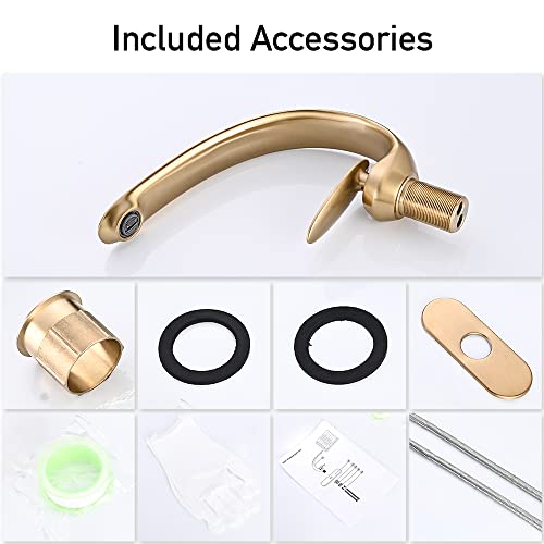 Avsiile Brushed Gold Bathroom Sink Faucet, C-Shaped Curved Spout Bathroom Faucets For Sink 1 Hole, Brass Bath Sinks Faucet, Single Handle Vanity Faucet, Modern Restroom Faucet With Pop Up Drain #TOP6
