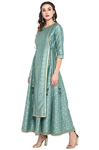 Janasya Indian Women's Green Foil Print Festive Wear Ethnic Dress for Women2