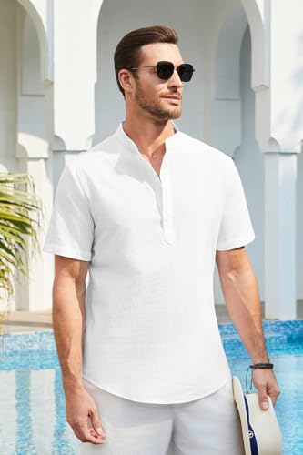 Enlision Camisa Lino Blanco Hombre Hombre Verano Sin Cuello Mao Camisa Verano para Hombres Casual Playa Camisetas con Botónes 2XL