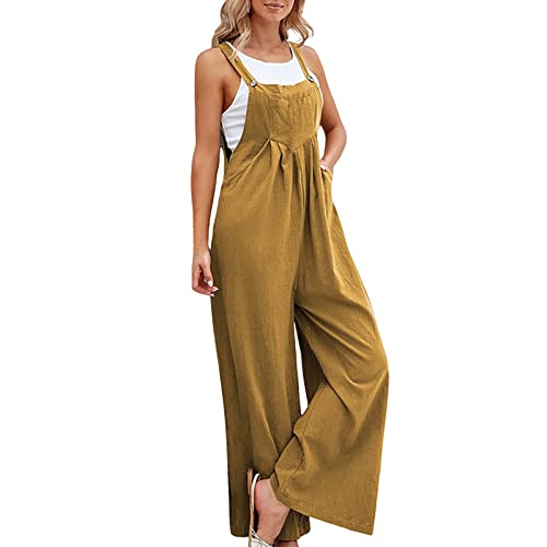 Generisch Peto Pantalones de trabajo para mujer, pierna ancha, mono con correa ajustable, pantalones sueltos y holgados para mujer, pantalones largos de mono, amarillo, XL