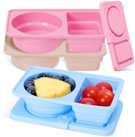 SNEGDO Silicone Snack Containers with Lids - 3 Pack Reusable Snack Container with Lids - Snack Containers with Double Compartment for Salad Dressing Sauce Seasoning