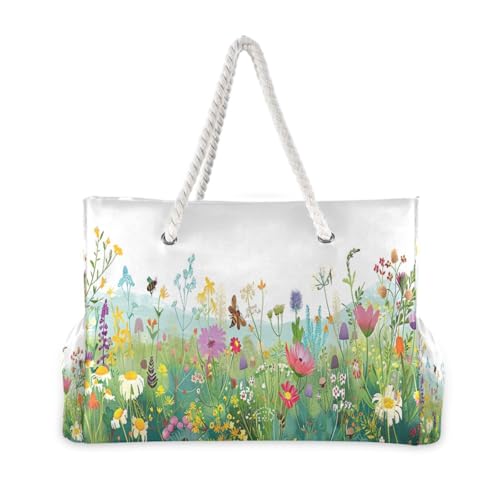 ATTX Summer Wild Flower Beach Bags for Women - Large Beach Bags with Zipper Waterproof Sandproof Swim Pool Bag Large Tote#1352
