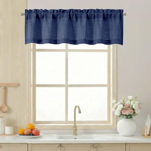 LIVEKID Navy Blue Valance for Windows - Light Filtering Faux Linen Textured Small Short Valance Kitchen Curtain Rod Pocket Top Short Window Curtain for Bathroom Basement Farmhouse 1 Piece 52Wx14L