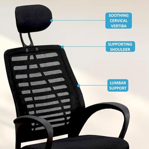 Image of Mesh Office Desk Chair,Rocking Ergonomic Computer Adjustable High with Headrest and Armrest Swivel Chair - Jet Black & Black Handle