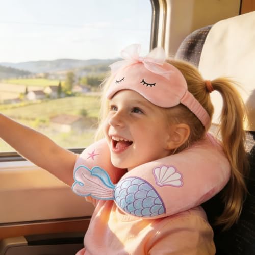 Image of Travel Pillow, Travel Accessories for Car Airplane Traveling, Soft Memory Foam Kids Travel Pillow with Sleep Eye Mask Kids Neck Pillow for Boys & Girls - Cute Pink Mermaid
