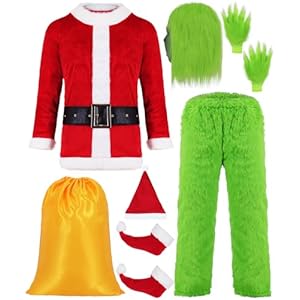 Geplaimir Disfraz de monstruo verde para adultos, disfraz de Papá Noel para hombre, traje de Papá Noel verde, disfraz con máscara para Halloween y fiestas de carnaval