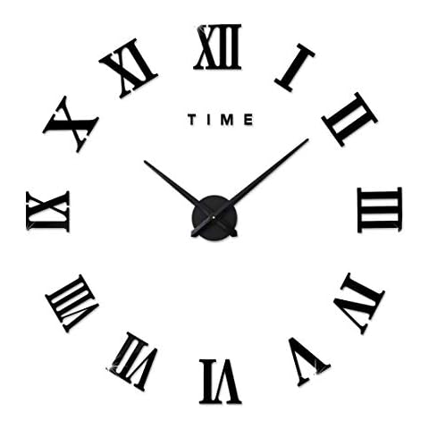 FAS1 Modern DIY Large Wall Clock Big Watch Decal 3D Stickers Roman Numerals Wall Clock Home Office Removable Decoration for Living Room - Black (Battery NOT Included) Cover