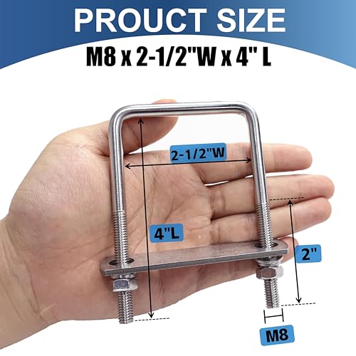 Image of 16 Pcs M8 Square U Bolts 2-1 /2 Inch Wide, 5 /16 inch x 2-1 /2 inchW x 4 inch L | 304 Stainless U Bolt Heavy Duty with Nuts,Bolt Plate and Washers,Square U Bolts 2.5 Inch Wide,Metric bolts